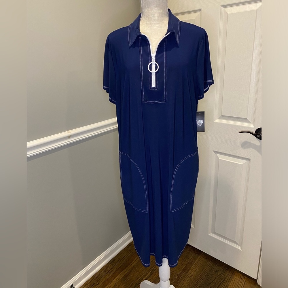 MSK Women Navy Dress White Zipper Stitching 2X Side Pockets Collar New with Tags